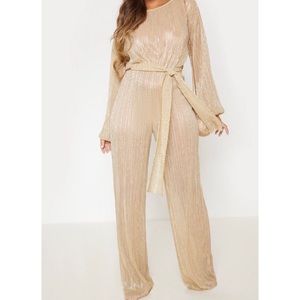 Gold Metallic Sheer Plisse Wide Leg Jumpsuit